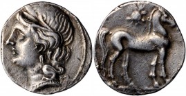 Carthage

CARTHAGE. Second Punic War. BI 1/2 Shekel (3.82 gms), ca. 205-203 B.C. CHOICE VERY FINE.

MAA-80; SNG Cop-352. Obverse: Wreathed head of...