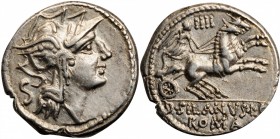 ROMAN REPUBLIC

ROMAN REPUBLIC. D. Silanus L.f. AR Denarius (4.18 gms), Rome Mint, 91 B.C. CHOICE EXTREMELY FINE.

Cr-337/3; Syd-646. Obverse: Hel...
