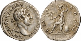Hadrian, A.D. 117-138

HADRIAN, A.D. 117-138. AR Denarius (3.59 gms), Rome Mint, A.D. 121-123. CHOICE VERY FINE.

RIC-77; RSC-1102. Obverse: Laure...