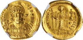 Justin I, 518-527

JUSTIN I, 518-527. AV Solidus (3.62 gms), Constantinople Mint, 6th Officina, 522-527. NGC AU, Strike: 4/5 Surface: 1/5. Clipped, ...