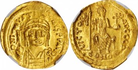 Justin II, 565-578

JUSTIN II, 565-578. AV Solidus (4.39 gms), Constantinople Mint, 1st Officina, 567-578. NGC MS, Strike: 5/5 Surface: 4/5. Clipped...