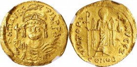 Maurice Tiberius, 582-602

MAURICE TIBERIUS, 582-602. AV Solidus (4.42 gms), Constantinople Mint, 7th Officina, 583-601. NGC AU, Strike: 4/5 Surface...