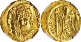 Maurice Tiberius, 582-602

MAURICE TIBERIUS, 582-602. AV Solidus (4.47 gms), Constantinople Mint, uncertain Officina, 583-601. NGC MS, Strike: 4/5 S...