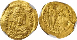 Maurice Tiberius, 582-602

MAURICE TIBERIUS, 582-602. AV Solidus (4.45 gms), Constantinople Mint, 9th Officina, 583-601. NGC Ch AU, Strike: 4/5 Surf...