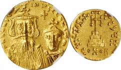 Constans II, 641-668

CONSTANS II WITH CONSTANTINE IV, 641-668. AV Solidus (4.22 gms), Constantinople mint, 8th Officina, 654-659. NGC Ch AU, Strike...