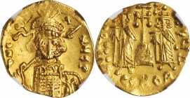 Constantine IV, 668-685

CONSTANTINE IV WITH HERACLIUS AND TIBERIUS, 668-685. AV Solidus (4.44 gms), Constantinople Mint, 4th Officina, 668-673. NGC...