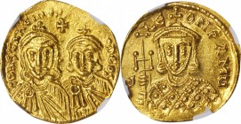 Constantine V, 741-775

CONSTANTINE V WITH LEO IV AND LEO III, 741-775. AV Solidus (4.23 gms), Constantinople Mint, ca. 764-773. NGC MS, Strike: 4/5...