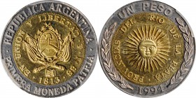 ARGENTINA

ARGENTINA. Copper Nickel Aluminum Peso Pattern, 1994. PCGS SPECIMEN-66 Gold Shield.

CJ-118. Design like KM-112.1. A boldly struck patt...