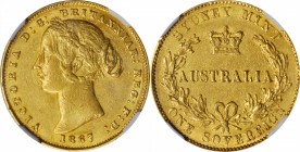 AUSTRALIA

AUSTRALIA. Sovereign, 1867. Sydney Mint. Victoria. NGC AU Details--Rim Filing.

Fr-10; KM-4. AGW: 0.2353 oz. A well struck sovereign wi...