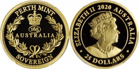 AUSTRALIA

AUSTRALIA. 25 Dollars, 2020. Perth Mint. PCGS PROOF-69 Deep Cameo Gold Shield.

KM-Unlisted. Struck to commemorate the 165th anniversar...