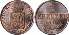 AUSTRIA

AUSTRIA. 2 Kreuzer, 1848-A. Franz Joseph I. PCGS MS-65 Brown Gold Shield.

KM-2188. Sharply struck with glossy surfaces and considerable ...