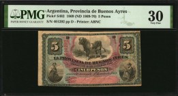 ARGENTINA

ARGENTINA. Provincia de Buenos Ayres. 5 Pesos, 1869 (ND 1869-76). P-S482. PMG Very Fine 30.

Printed by ABNC. Bull at top center, with ...