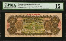 AUSTRALIA

AUSTRALIA. Commonwealth of Australia. 1/2 Sovereign, ND (1928). P-15c. PMG Choice Fine 15.

Printed signatures of E.C. Riddle and J. He...