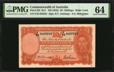 AUSTRALIA

AUSTRALIA. Commonwealth of Australia. 10 Shillings, ND (1942). P-25b. PMG Choice Uncirculated 64.

Nearly Gem. PMG comments "Annotation...