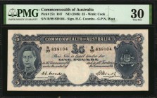 AUSTRALIA

AUSTRALIA. Commonwealth of Australia. 5 Pounds, ND (1949). P-27c. PMG Very Fine 30.

Watermark of Cook. Printed signatures of H.C. Coom...