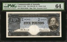 AUSTRALIA

AUSTRALIA. Commonwealth of Australia. 5 Pounds, ND (1954-59). P-31. PMG Choice Uncirculated 64.

Watermark of Cook. Signature title of ...