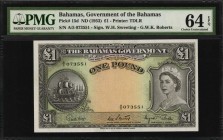 BAHAMAS

BAHAMAS. Government of the Bahamas. 1 Pound, ND (1953). P-15d. PMG Choice Uncirculated 64 EPQ.

Printed by TDLR. Printed signature of W.H...