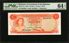 BAHAMAS

BAHAMAS. Government of the Bahamas. 5 Dollars, 1965. P-21a. PMG Choice Uncirculated 64 EPQ.

Printed by TDLR. Watermark of shellfish. 2 s...