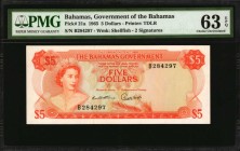 BAHAMAS

BAHAMAS. Government of the Bahamas. 5 Dollars, 1965. P-21a. PMG Choice Uncirculated 63 EPQ.

Printed by TDLR. Watermark of shellfish. 2 s...