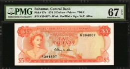 BAHAMAS

BAHAMAS. Central Bank of the Bahamas. 5 Dollars, 1974. P-37b. PMG Superb Gem Uncirculated 67 EPQ.

Printed by TDLR. Watermark of Shellfis...