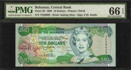 BAHAMAS

BAHAMAS. Central Bank of the Bahamas. 10 Dollars, 1996. P-59. PMG Gem Uncirculated 66 EPQ.

Printed by TDLR. Watermark of sailing ship. P...