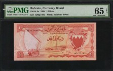 BAHRAIN

BAHRAIN. Currency Board. 1 Dinar, 1964. P-4a. PMG Gem Uncirculated 65 EPQ.

Watermark of Falcon's head. Good detail and appeal.

Estima...
