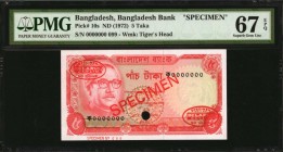 BANGLADESH

BANGLADESH. Bangladesh Bank. 5 Taka, ND (1972). P-10s. Specimen. PMG Gem Uncirculated 67.

Watermark of tiger's head. Red specimen ove...