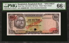 BANGLADESH

BANGLADESH. Bangladesh Bank. 100 Taka, ND (1972). P-12as. Specimen. PMG Gem Uncirculated 66 EPQ.

Serial number in western numerals. R...