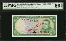 BANGLADESH

BANGLADESH. Bangladesh Bank. 10 Taka, ND (1973). P-14s. Specimen. PMG Gem Uncirculated 66 EPQ.

Watermark of Tiger's head. Red specime...