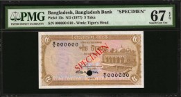BANGLADESH

BANGLADESH. Bangladesh Bank. 5 Taka, ND (1977). P-15s. Specimen. PMG Superb Gem Uncirculated 67 EPQ.

Watermark of Tiger's head. Red s...