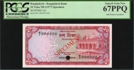 BANGLADESH

BANGLADESH. Bangladesh Bank. 10 Taka, ND (1977). P-16s. Specimen. PCGS Currency Superb Gem New 67 PPQ.

Red specimen overprint. Hole p...