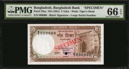 BANGLADESH

BANGLADESH. Bangladesh Bank. 5 Taka, ND (1981). P-25as. Specimen. PMG Gem Uncirculated 66 EPQ.

Black signature. Large serial number. ...