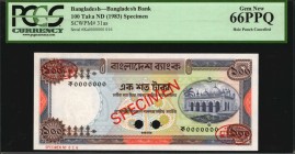 BANGLADESH

BANGLADESH. Bangladesh Bank. 100 Taka, ND (1983). P-31as. Specimen. PCGS Currency Gem New 66 PPQ.

Hole punch cancelled. Specimen.

...