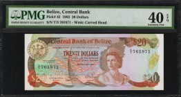 BELIZE

BELIZE. Central Bank of Belize. 20 Dollars, 1983. P-45. PMG Extremely Fine 40 EPQ.

Watermark of carved head. Found in an appealing mid gr...