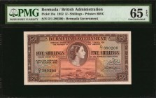 BERMUDA

BERMUDA. Bermuda Government. 5 Shillings, 1952. P-18a. PMG Gem Uncirculated 65 EPQ.

Printed by BWC. Portrait of QEII at center. Found in...