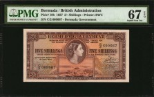 BERMUDA

BERMUDA. Bermuda Government. 5 Shillings, 1957. P-18b. PMG Superb Gem Uncirculated 67 EPQ.

Printed by BWC. Found in a high grade of Supe...
