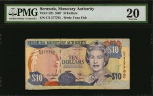 BERMUDA

BERMUDA. Bermuda Monetary Authority. 10 Dollars, 2007. P-52b. PMG Very Fine 20.

Watermark of Tuna fish. QEII portrait at right of center...