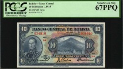 BOLIVIA

BOLIVIA. Banco Central De Bolivia. 10 Bolivianos, 1928. P-121a. PCGS Currency Superb Gem New 67 PPQ.

Bright ink and details stand out on...