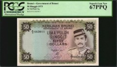 BRUNEI

BRUNEI. Government of Brunei. 50 Ringgit, 1973. P-9a. PCGS Currency Superb Gem New 67 PPQ.

A colorful design is observed on this Superb G...