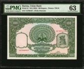 BURMA

BURMA. Union Bank. 100 Rupees, ND (1953). P-41. PMG Choice Uncirculated 63.

Printed by TDLR. Watermark of peacock. PMG comments "Staple Ho...