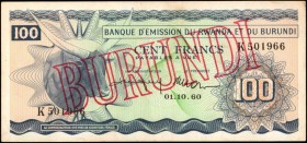 BURUNDI

BURUNDI. Banque D'Emission Du Rwantda Et Du Burundi. 100 Francs, 1960. P-5. Very Fine.

Red Burundi overprint. Pinholes are noticed, alon...
