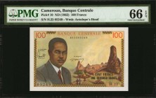 CAMEROON

CAMEROON. Banque Centrale. 100 Francs, ND (1962). P-10. PMG Gem Uncirculated 66 EPQ.

The reverse of this note displays a colorful and d...