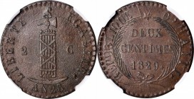 HAITI

HAITI. 2 Centimes, 1829 / Year 26. NGC AU-55 Brown.

KM-A22. Exceeded in the NGC census by just a single specimen, this charming example fe...