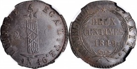 HAITI

HAITI. 2 Centimes, 1849 / Year 46. NGC AU-53 Brown.

KM-31.1. Slightly weak as is typical for the type, this gently handled specimen presen...