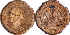 HAITI

HAITI. 10 Centimes, 1863. Heaton Mint. NGC SPECIMEN-62 Red Brown.

KM-40. A fairly SCARCE one-year issue, this alluring example offers a gr...