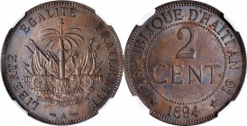 HAITI

HAITI. 2 Centimes, 1894-A. Paris Mint. NGC MS-62 Brown.

KM-49. Mostly deep brown and lustrous, this great Mint State example offers some s...