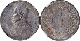 Italian States (including Papal and Vatican City)

ITALY. Papal States. 5 Lire, 1870-R Year XXIV. Rome Mint. Pius IX. NGC MS-62.

Dav-195; KM-1385...