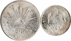 Republic Reales

MEXICO. 8 Reales, 1897-Zs FZ. Zacatecas Mint. PCGS MS-62.

KM-377.13; DP-Zs83. Quite radiant and glistening, this near choice spe...