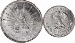 Republic Decimal

MEXICO. Peso, 1908-Mo AM. Mexico City Mint. NGC MS-62.

KM-409.2. A sharply struck Peso with pleasing frosty luster and an almos...