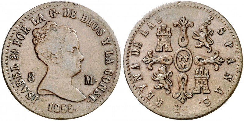 1855. Isabel II. Barcelona. 8 maravedís. (AC. 98). Golpecito. Escasa. 9,69 g. MB...